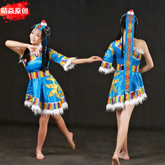 半边袖天蓝色藏族服连衣短裙套装女装定做演出舞蹈服含头饰C-003