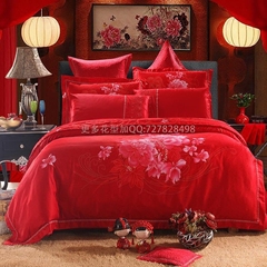 华福家纺纯棉柔光锻大红色婚庆结婚被套中韩式床上用品多十件套