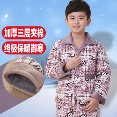 儿童睡衣法兰绒男童加厚保暖家居服冬季三层夹棉女童睡衣套装大童