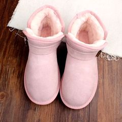 正品钢标浅粉色搭扣雪地靴女短筒矮靴真皮加绒加厚棉保暖冬靴防滑