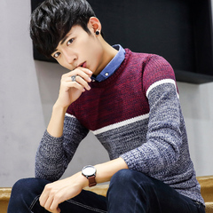 毛衣衬衣领假两件上衣男秋季高中学生韩版冬季带领针织衫潮流外套