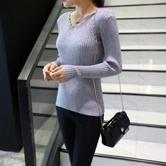 2016秋冬新款韩版修身显瘦V领长袖针织衫女套头短款毛衣打底衫