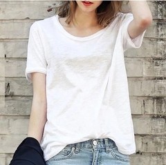 白色t恤欧美女装竹节棉宽松圆领白色短袖T恤女式大号纯色打底衫潮