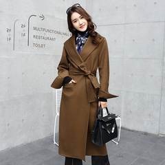 芙莱蒽2016秋冬新款羊毛呢大衣女韩版中长款系带纯色双面羊绒外套