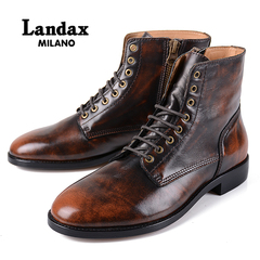 Landax新款真皮手工靴男 英伦系带短靴子 男士商务皮靴 军靴 男