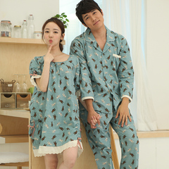 韩国新品款梭织全纯棉情侣睡衣睡裙男长袖套装春秋季同款女士中袖