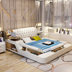 艾诗图榻榻米真皮床1.8米双人床现代简约婚床 带抽屉功能储物床