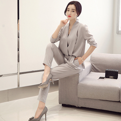 2016韩版新款秋装套装女潮时尚气质名媛ol修身显瘦长袖长裤两件套