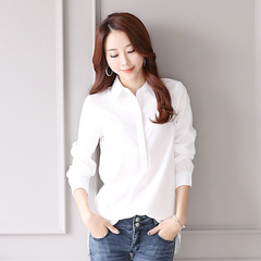 2016韩版秋款女式白色长袖百搭立领休闲纤维修身长袖衬衣衬衫女