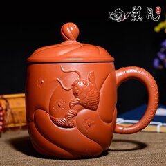 【典藏】宜兴正品全手工紫砂杯鱼化龙茶杯 陶瓷杯子带盖高档茶具