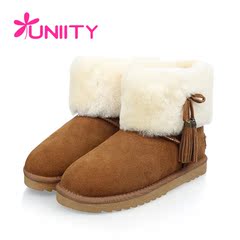UNIITY2016冬季皮毛一体雪地靴 真皮保暖短靴防滑短筒圆头平底靴