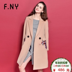 F．NY法妮专柜款2016年冬季新款印花中长款毛呢外套大衣1641718