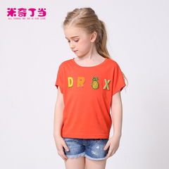 女童T恤夏装儿童卡通T恤中大童圆领短袖女童T恤衫宽松蝙蝠袖橙色