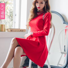针织连衣裙秋冬长袖中长款红色韩版九分袖A字裙修身显瘦打底裙女