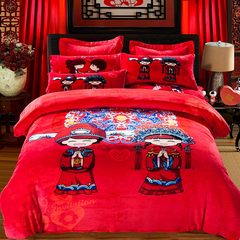 一世缘中国风法莱绒磨毛四件套婚庆四件套大红床上法兰绒4件套