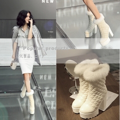 2016冬装新款韩版短靴粗跟厚底高跟女鞋冬鞋加绒女靴子白色马丁靴