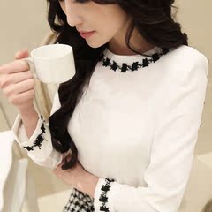 春季新款韩版小香风圆领雪纺衫 修身气质长袖OL黑白打底潮衬衫