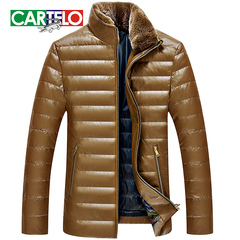 CARTELO/卡帝乐鳄鱼中年男士羊羔毛领羽绒服 纯色保暖防风外套