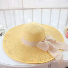 帽子夏天女士草帽折叠遮阳帽太阳帽大沿帽沙滩帽防晒帽蝴蝶结黄色