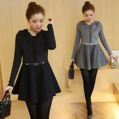 韩版2016冬季新款时尚修身加厚兔毛针织长袖毛呢黑色连衣裙5301