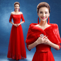 新娘敬酒服2016新款秋冬季时尚一字肩中袖长款修身红色结婚晚礼服