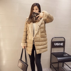 2016冬季新款韩版麂皮绒羊羔毛拼接棉衣女中长款修身翻领棉服外套
