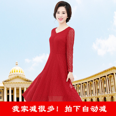 新款蕾丝气质修身红色中长款30-40岁显瘦时尚婚礼妈妈装连衣裙秋