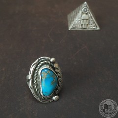 西洋古董首饰1970s美国印第安Navajo天然绿松石925纯银复古戒指女