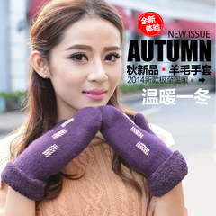 冬季韩版羊毛手套女士加厚保暖连指手套 女 冬 可爱羊绒手套全指