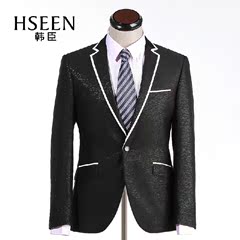 HSEEN/韩臣男士结婚西服套装男商务韩版修身西装黑色拼接礼服西装