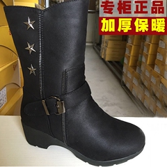 冬季步源轩老北京布靴中跟加厚加绒保暖棉靴女中筒坡跟马丁靴黑色