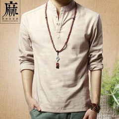 中国风男装秋季复古亚麻长袖衬衫男宽松棉麻衬衣麻料T恤麻布衣服