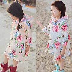 2014最新韩国时尚儿童雨衣中长款 女童宝宝花朵款甜美雨披 带帽檐