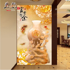 中式玉高贵牡丹雕花瓶壁纸 玄关隔断过道走廊背景墙纸 无缝壁画