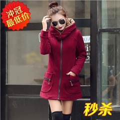包邮女加绒卫衣2016冬装中年韩版修身显瘦大码中长款连帽加厚绒衫