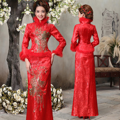 2016新款冬季新娘结婚礼服长袖旗袍红色冬装修身长款中式敬酒服厚
