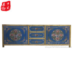 新中式手工彩绘老榆木家具蓝色电视柜仿古典明清田园地柜客厅储物