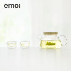 emoi基本生活 竹盖耐热玻璃茶壶套装过滤泡茶器茶具套花茶水杯