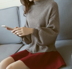 2016韩版秋冬新款女装针织衫泡泡袖长袖一字领长袖毛衣打底衫