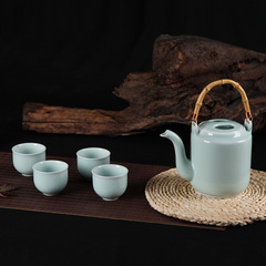 茶具套装一壶四杯龙泉青瓷整套茶具哥窑冰裂大号陶瓷提梁壶凉茶壶