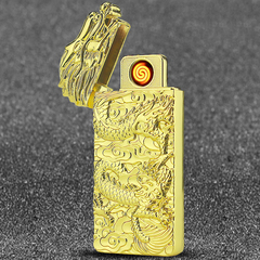 USB充电打火机摇一摇电子点烟器男士礼品金色浮雕龙精品打火机