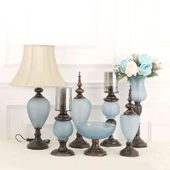 新古典北欧地中海蓝色玻璃摆件烛台花瓶台灯果盘套装软装家居饰品