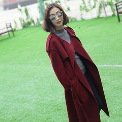 紫罗兰女式新款正品纯手工长款系带时尚欧美羊毛双面呢大衣