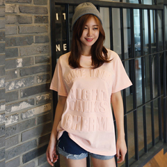 2016夏韩版新款纯棉圆领纯色立体字母宽松百搭短袖T恤女上衣 潮