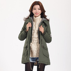 冬装新款女士韩版工装棉衣外套加厚棉袄中长款修身连帽军绿色棉服