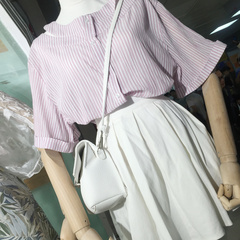 夏季韩版大码女装胖妹妹时尚休闲套装女短袖条纹衬衣半身裙