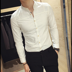 秋季纯色长袖衬衫男士韩版修身休闲青少年白色衬衣潮男装衣服寸衫