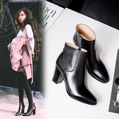2016秋冬韩版牛皮粗跟高跟短靴切尔西靴小圆头真皮及踝靴女单靴