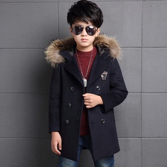 2016韩版男童秋冬装夹棉加厚夹克外套中大童毛领连帽双排扣呢大衣