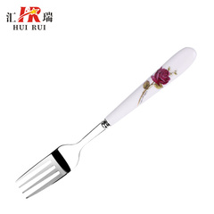 汇瑞 骨瓷不锈钢叉子 陶瓷水果叉  韩国叉子 陶瓷小叉子 叉子